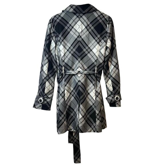 Axcess Liz Claiborne Plaid Belted Trench Coat Size M Black White Chic Preppy - Picture 2 of 12